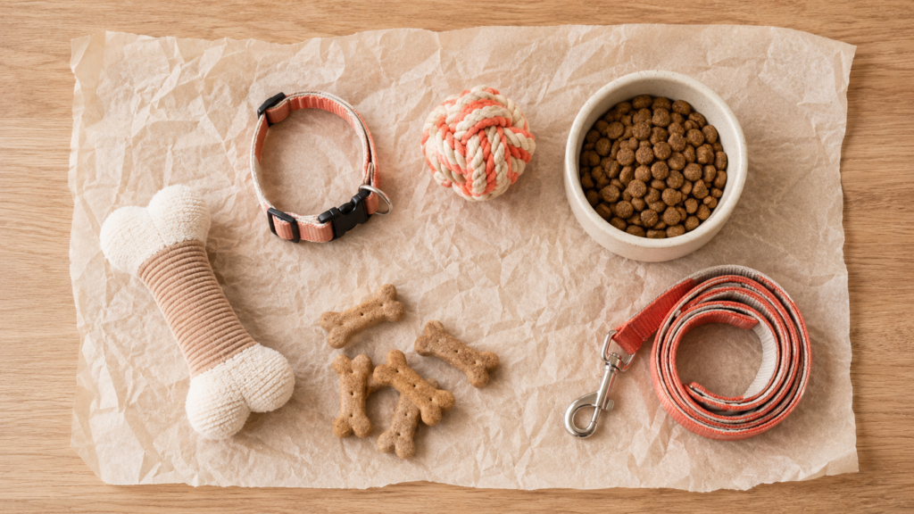 new-puppy-checklist-hero New puppy essentials laid out on a wooden surface — collar, bowl, leash, toys, and treats