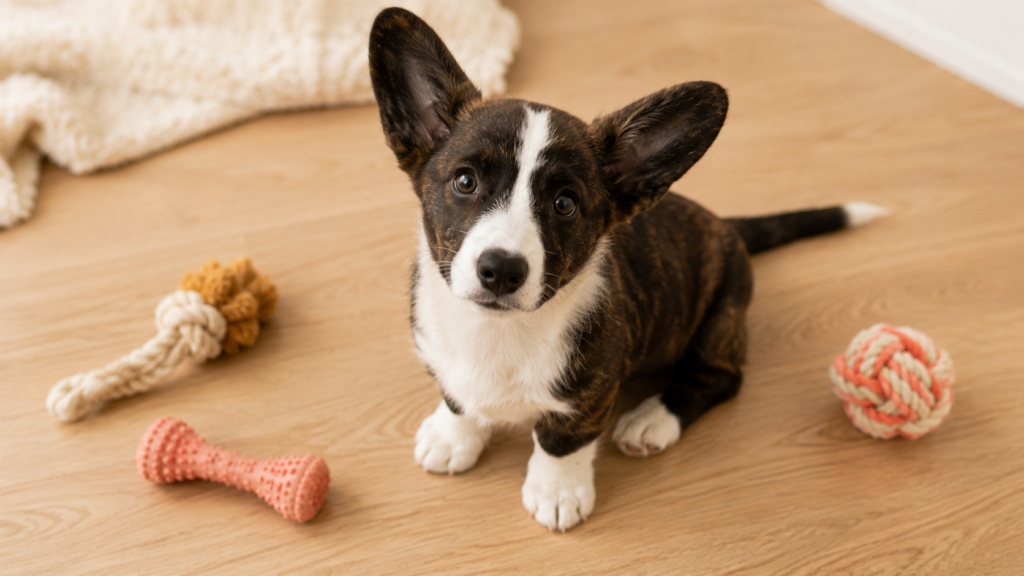 new-puppy-checklist-puppy-with-toys-inline Cardigan Welsh Corgi puppy sitting on a wooden floor surrounded by puppy toys