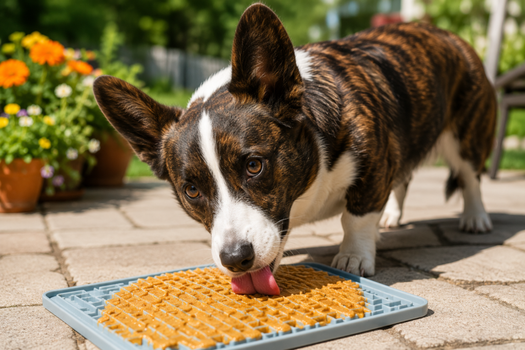 Cardigan Corgi intensely licking a frozen peanut butter pumpkin lick mat on a sunny outdoor patio