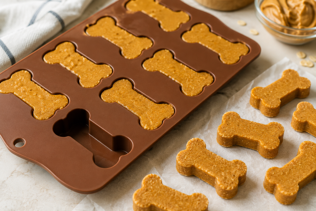 Silicone bone-shaped dog treat mold with peanut butter pumpkin no-bake treats on parchment paper