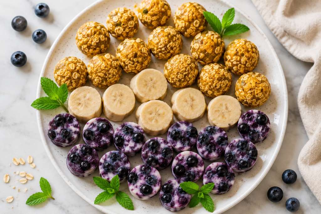 Overhead view of three types of homemade no-bake dog treats in rows on a white ceramic plate