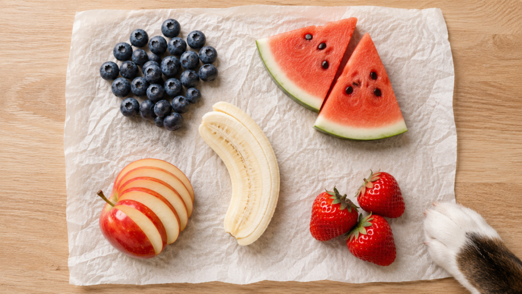 Top-down flat lay of dog-safe fruits including blueberries, watermelon, banana, apple, and strawberries