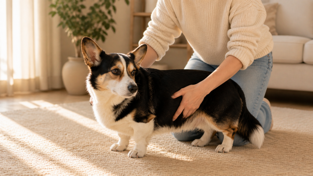 Person checking senior dog's body condition score by gently feeling ribs through fur