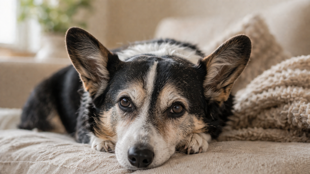 Close-up of senior Corgi with greying muzzle and calm eyes — signs of aging in dogs