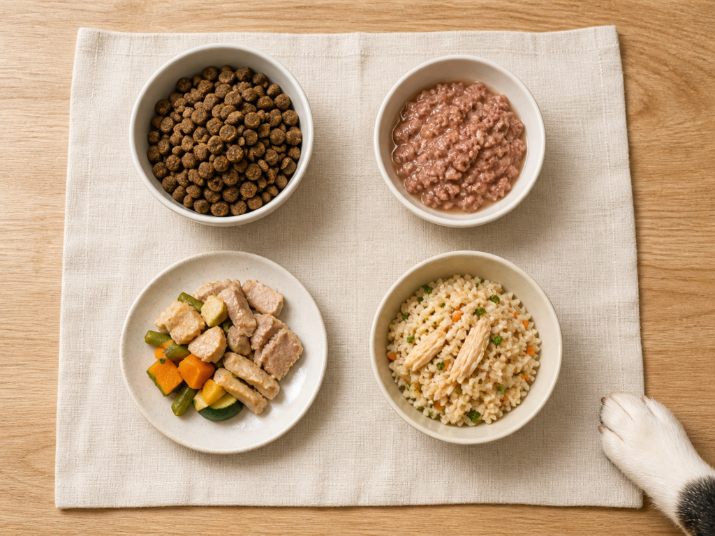 Four types of senior dog food — kibble, wet food, fresh cooked, and homemade in white bowls flat lay
