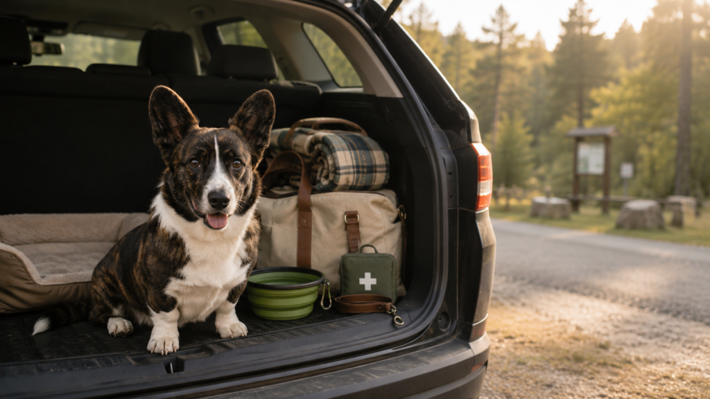 Cardigan Corgi sitting next to packed dog road trip gear beside open car trunk