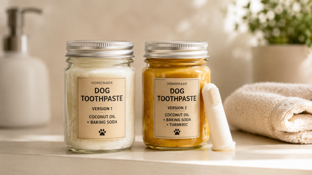 Two jars of homemade DIY dog toothpaste with a finger toothbrush