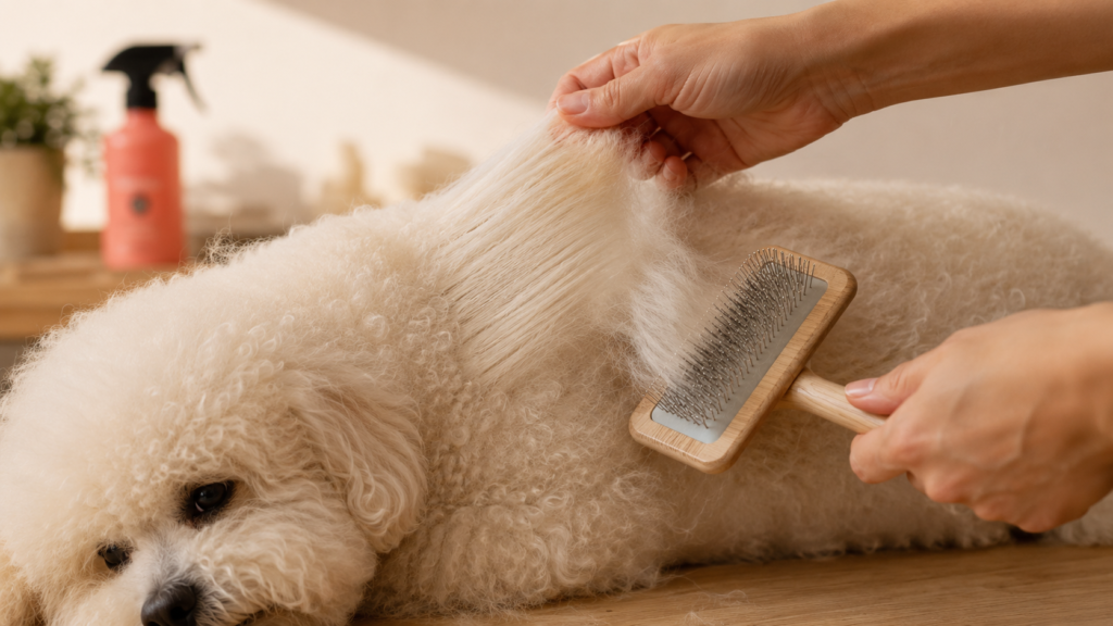 dog-grooming-styles-curly-coat-line-brushing-inline Curly-coated dog being line-brushed section by section with a slicker brush to prevent matting