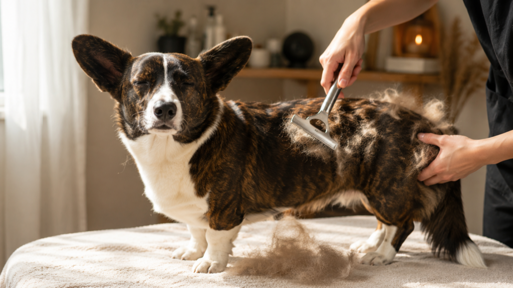dog-grooming-styles-double-coat-deshedding-inline Corgi being brushed with a deshedding tool to remove loose double-coat undercoat fur during shedding season