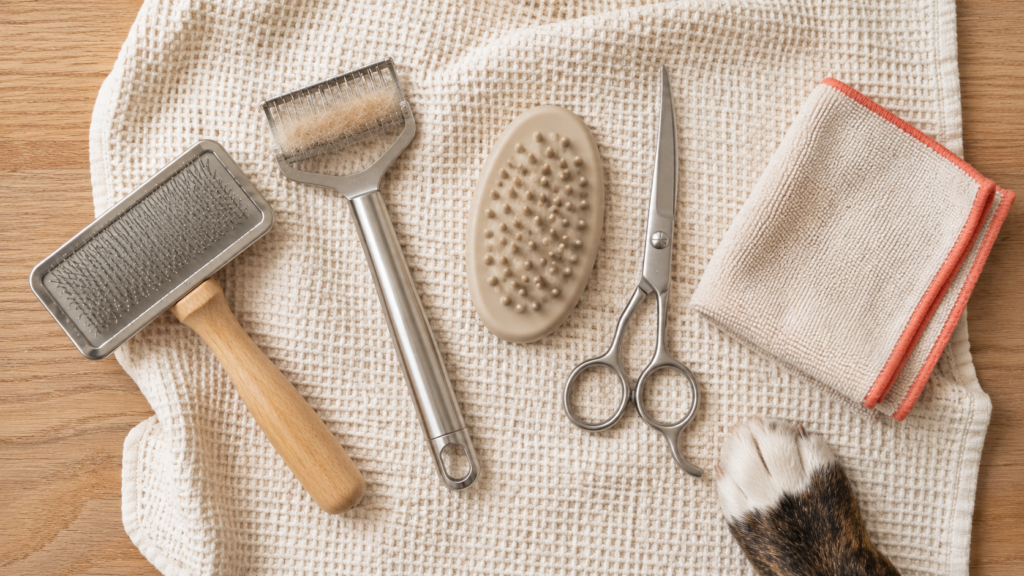 dog-grooming-styles-hero Flat lay of dog grooming tools — slicker brush, deshedding comb, curry brush, and scissors — arranged on cream fabric with a corgi's paw at the edge