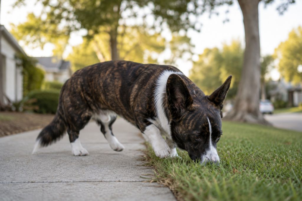 dog-sniffing-walk-corgi Cardigan Welsh Corgi sniffing grass on a walk, nose pressed to the ground