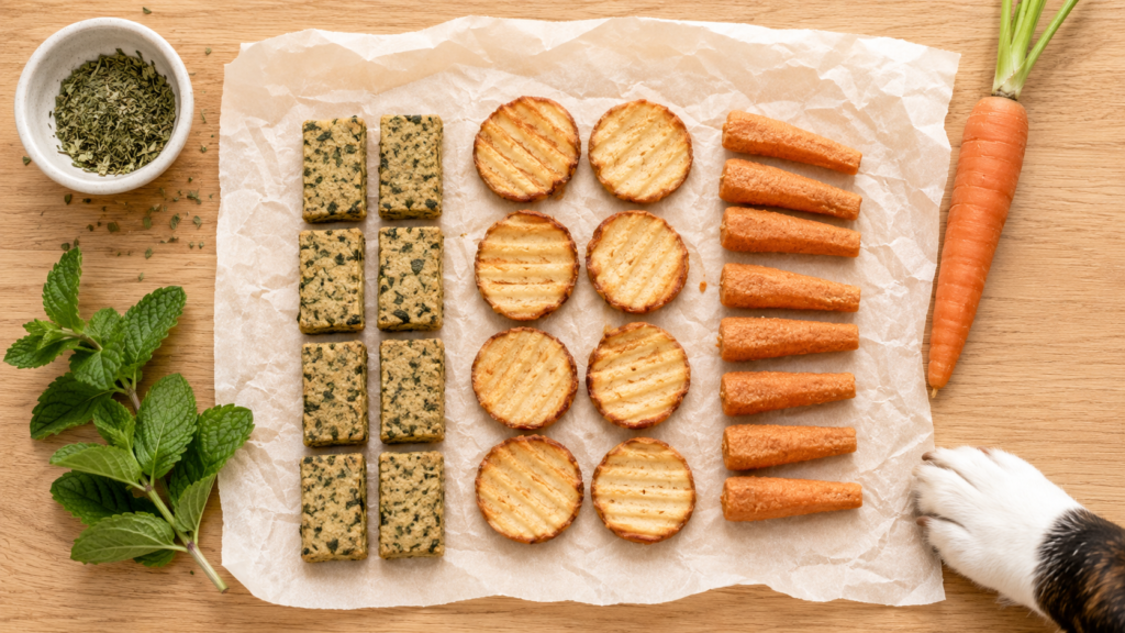 Three varieties of homemade dental dog treats arranged on a wooden surface