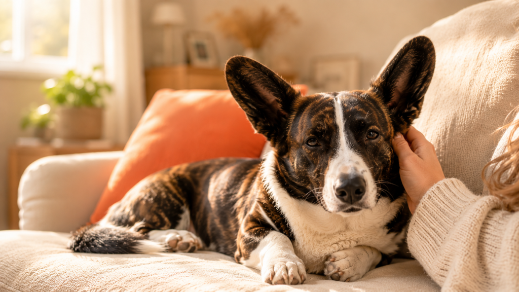 Cardigan Welsh Corgi leaning into owner's hand while being scratched behind the ear on a cozy couch