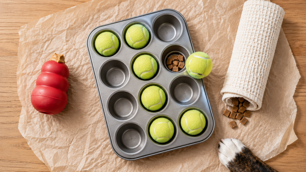 interactive-dog-toys-hero Flat lay of DIY dog enrichment toys — a KONG, a muffin tin puzzle, and a rolled towel — with a corgi's paw reaching into frame