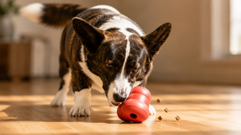interactive-dog-toys-kong-wobbler-inline Corgi nudging a red KONG Wobbler treat-dispensing toy across a hardwood floor, kibble scattering out