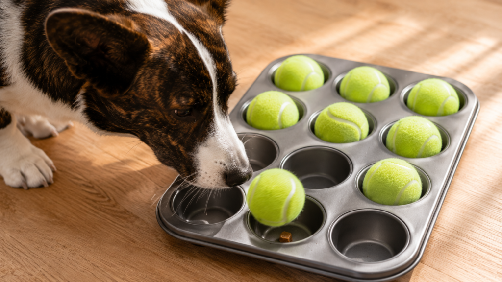 interactive-dog-toys-muffin-tin-puzzle-inline Corgi investigating a DIY muffin tin puzzle toy with tennis balls covering treat-filled cups