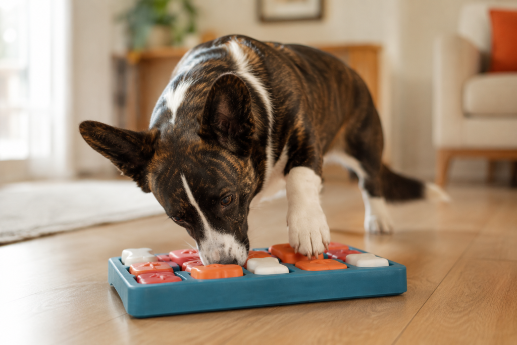 og-enrichment-puzzle-toy-corgi Cardigan Welsh Corgi focused on a Nina Ottosson puzzle toy on a hardwood floor