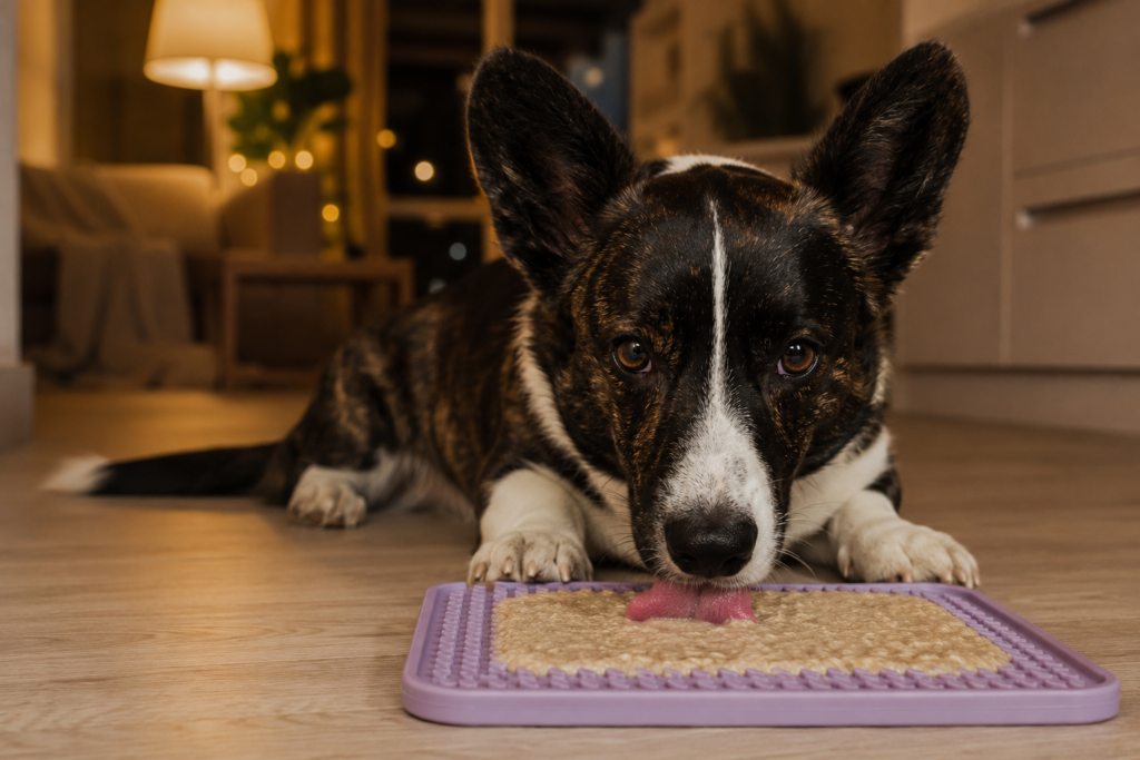 corgi licking calming bedtime lick mat on kitchen floor