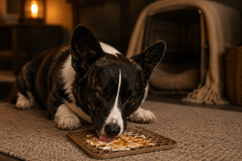 corgi-lick-mat-halloween-calm corgi licking treat-filled lick mat during halloween evening