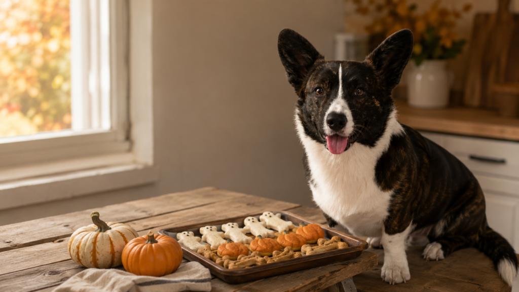 corgi sitting beside tray of homemade halloween dog treats