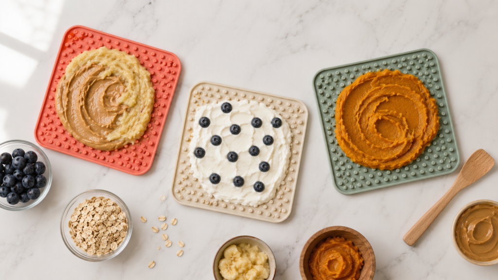 lick mat recipes for dogs — three mats with healthy toppings