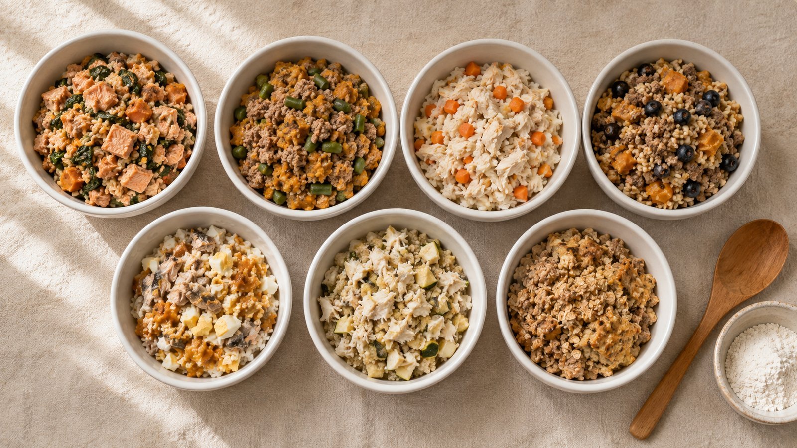 Seven homemade senior dog food recipes lined up side by side