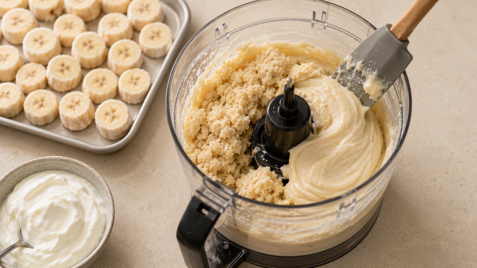Frozen bananas blending into creamy two-ingredient dog nice cream in a food processor