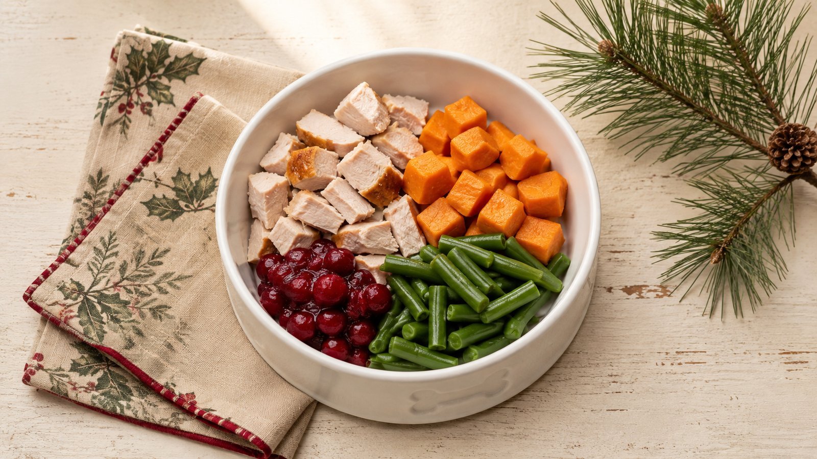 A dog-safe Christmas dinner bowl with plain turkey, sweet potato, green beans and cranberries