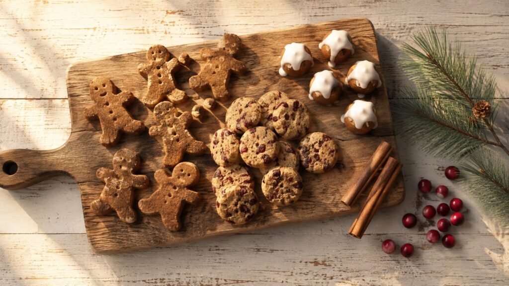 Homemade Christmas dog treats - gingerbread cookies, cranberry cookies and pudding bites on a wooden board