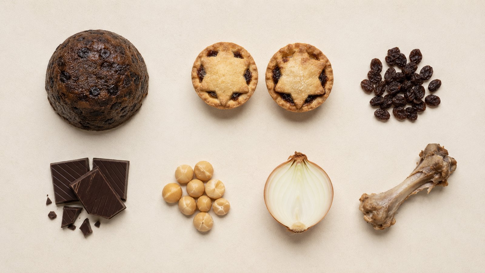 Christmas foods dogs cannot eat - Christmas pudding, mince pies, raisins, chocolate, macadamia nuts, onion and cooked turkey bones