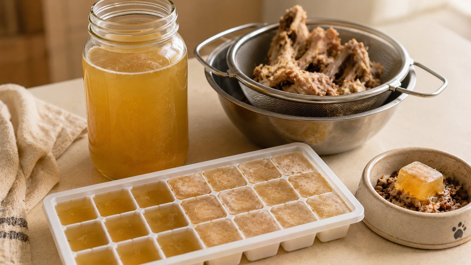 Homemade crockpot bone broth for dogs, strained and frozen into cubes as a food topper
