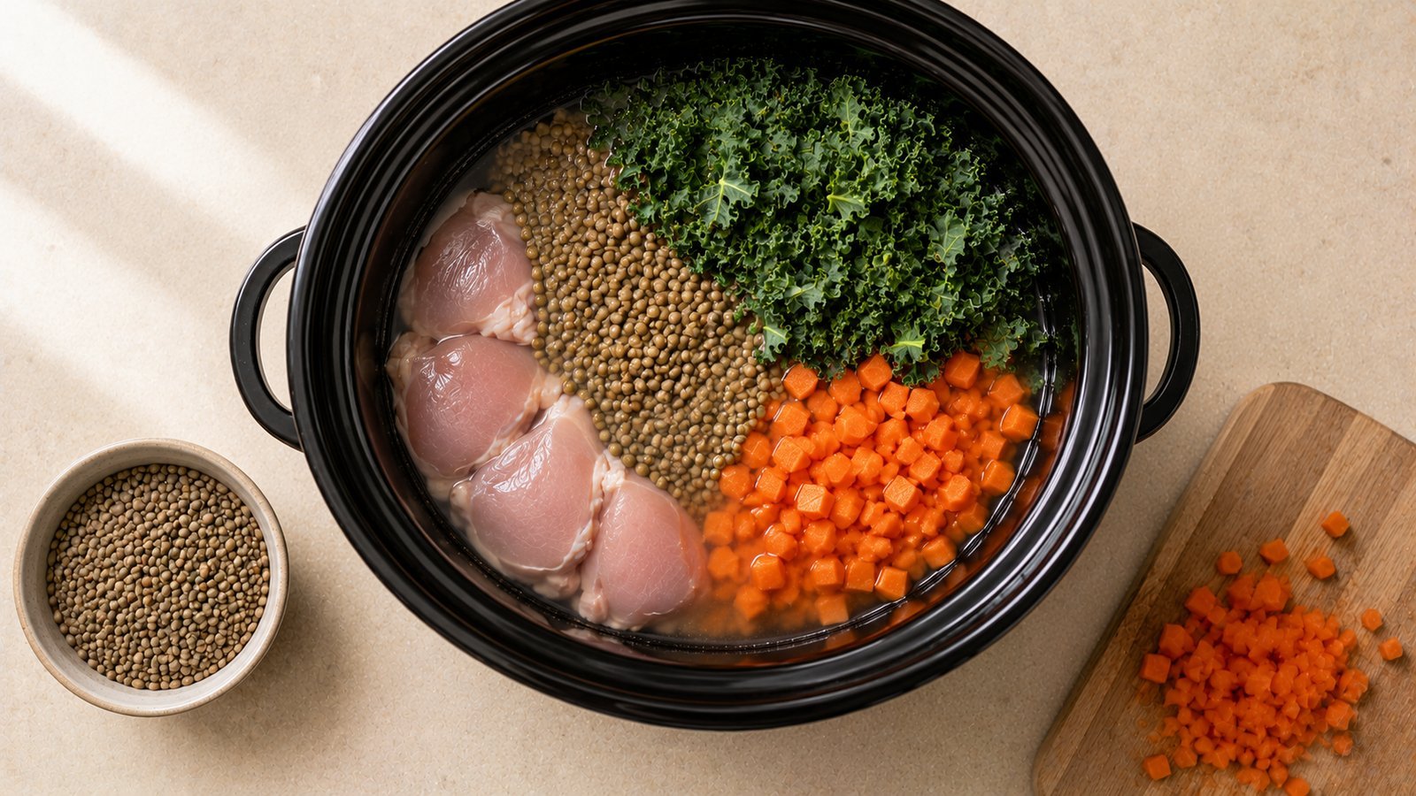 Chicken thighs, lentils, carrots and kale layered in a slow cooker for homemade crockpot dog food