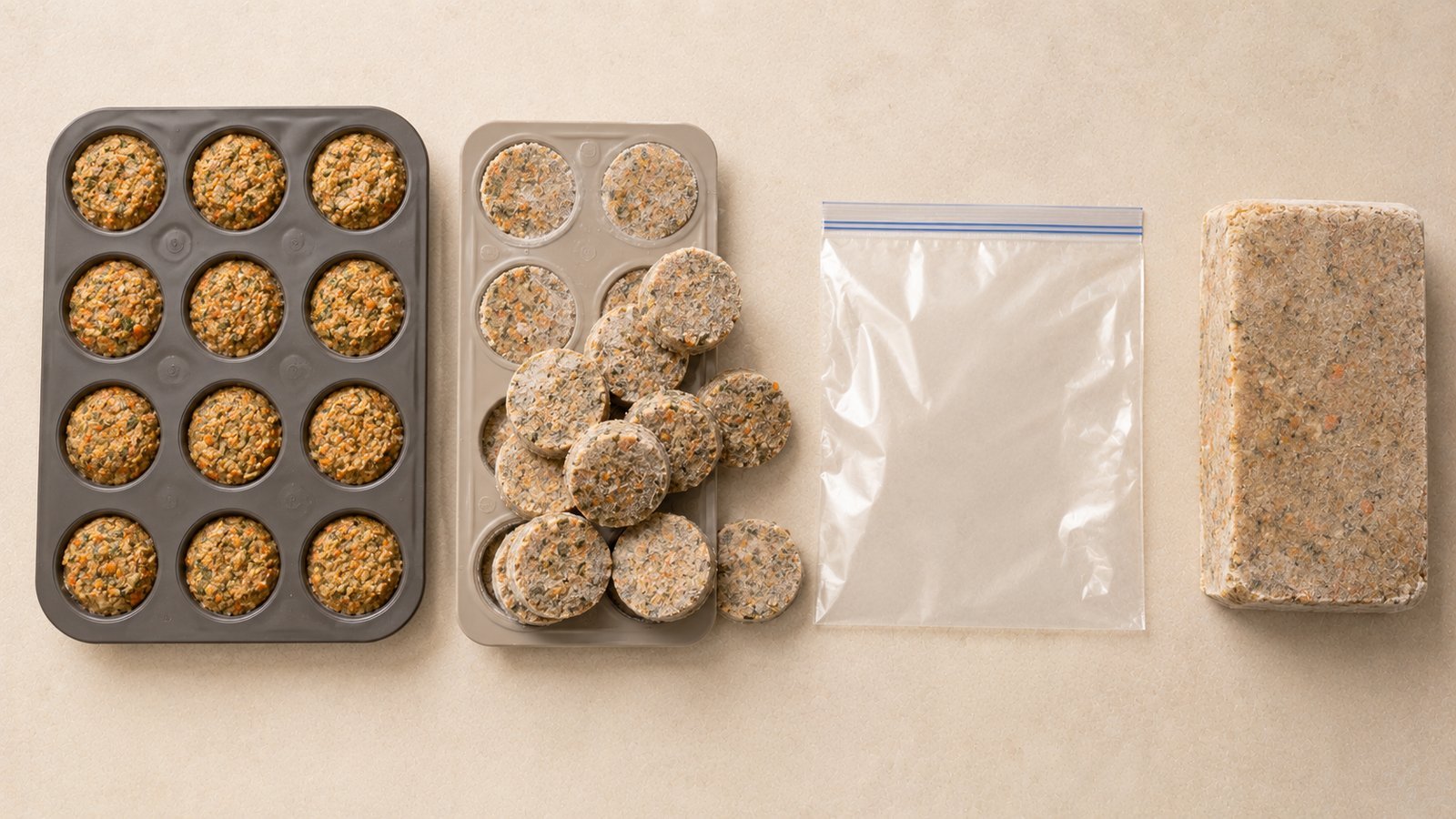 One crockpot dog food batch frozen in single daily portions in a muffin tray, instead of one large block