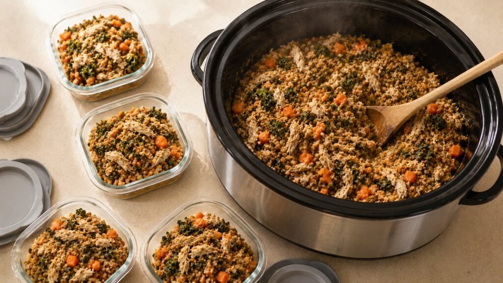 Crockpot dog food - a slow cooker full of homemade chicken, lentil and kale batch, with portions cooling beside it