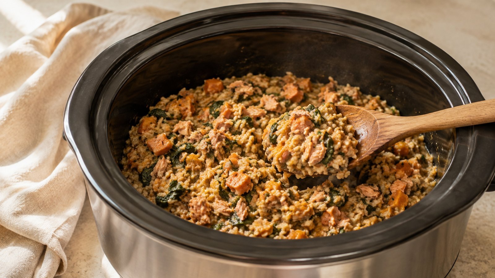 Crockpot senior dog food recipe with salmon, sweet potato and spinach