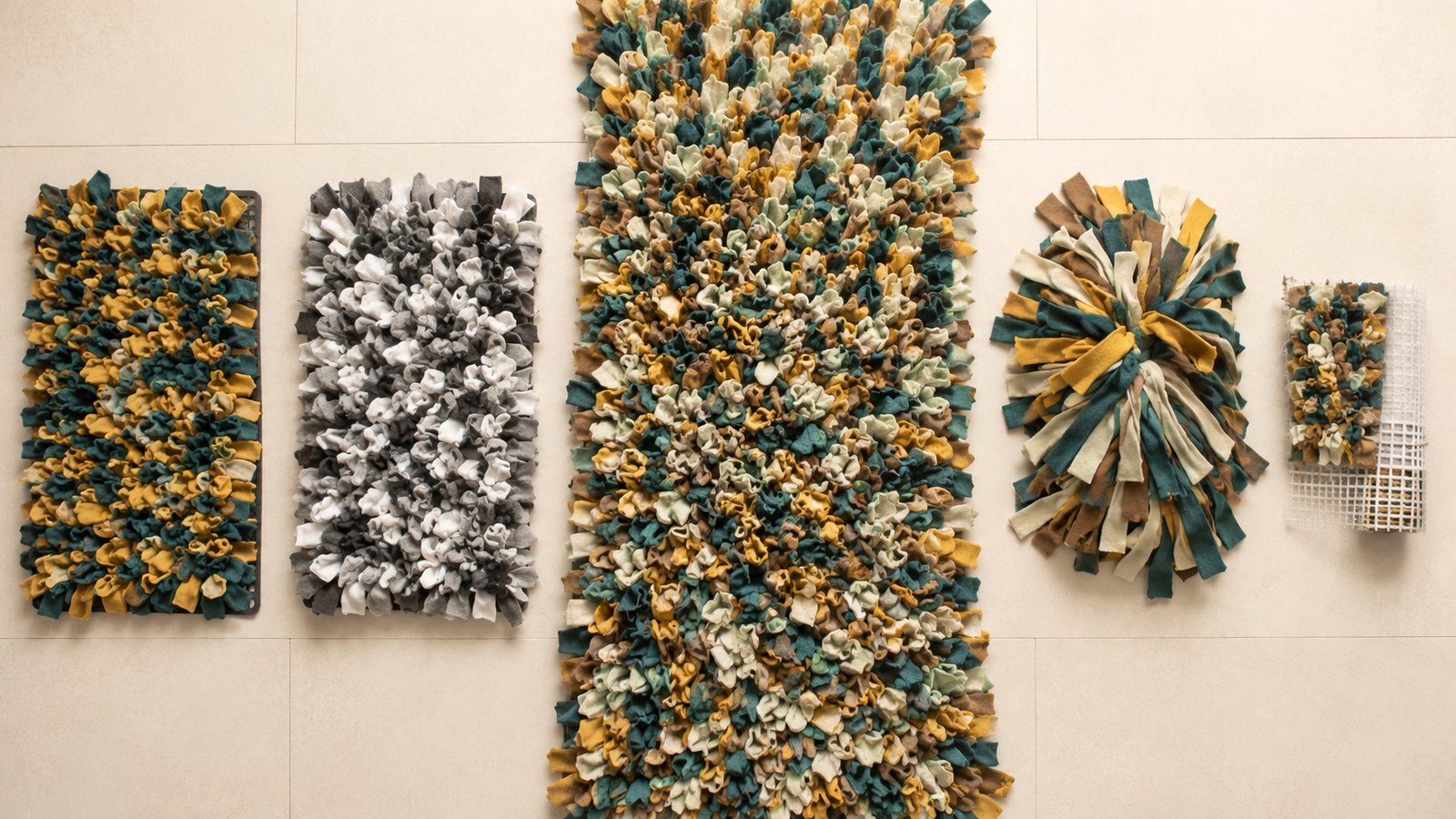 Five DIY snuffle mat designs side by side - classic fleece, t-shirt, XL blanket, rolled-strip and travel size