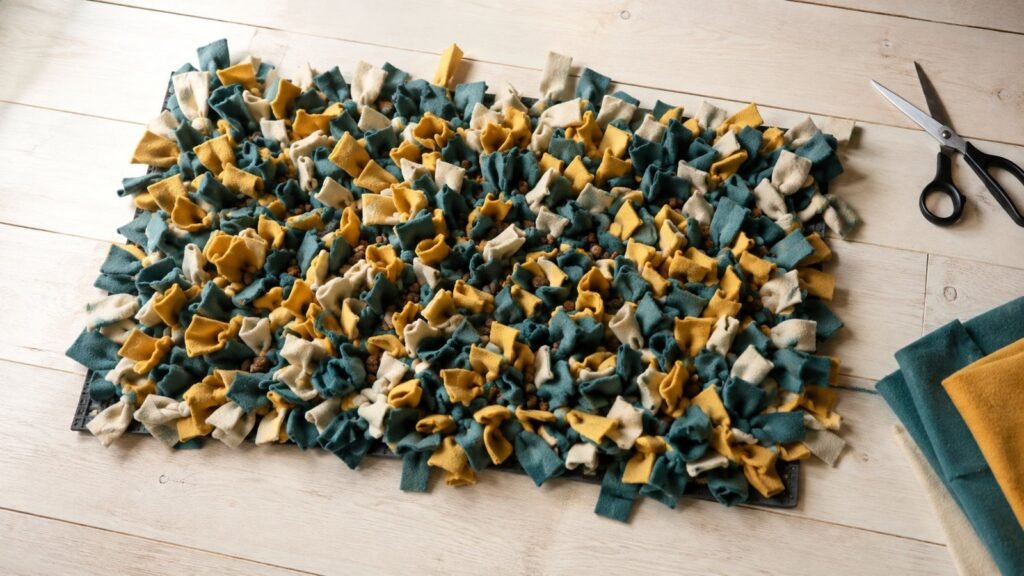 A finished DIY snuffle mat made from fleece strips tied into a rubber base