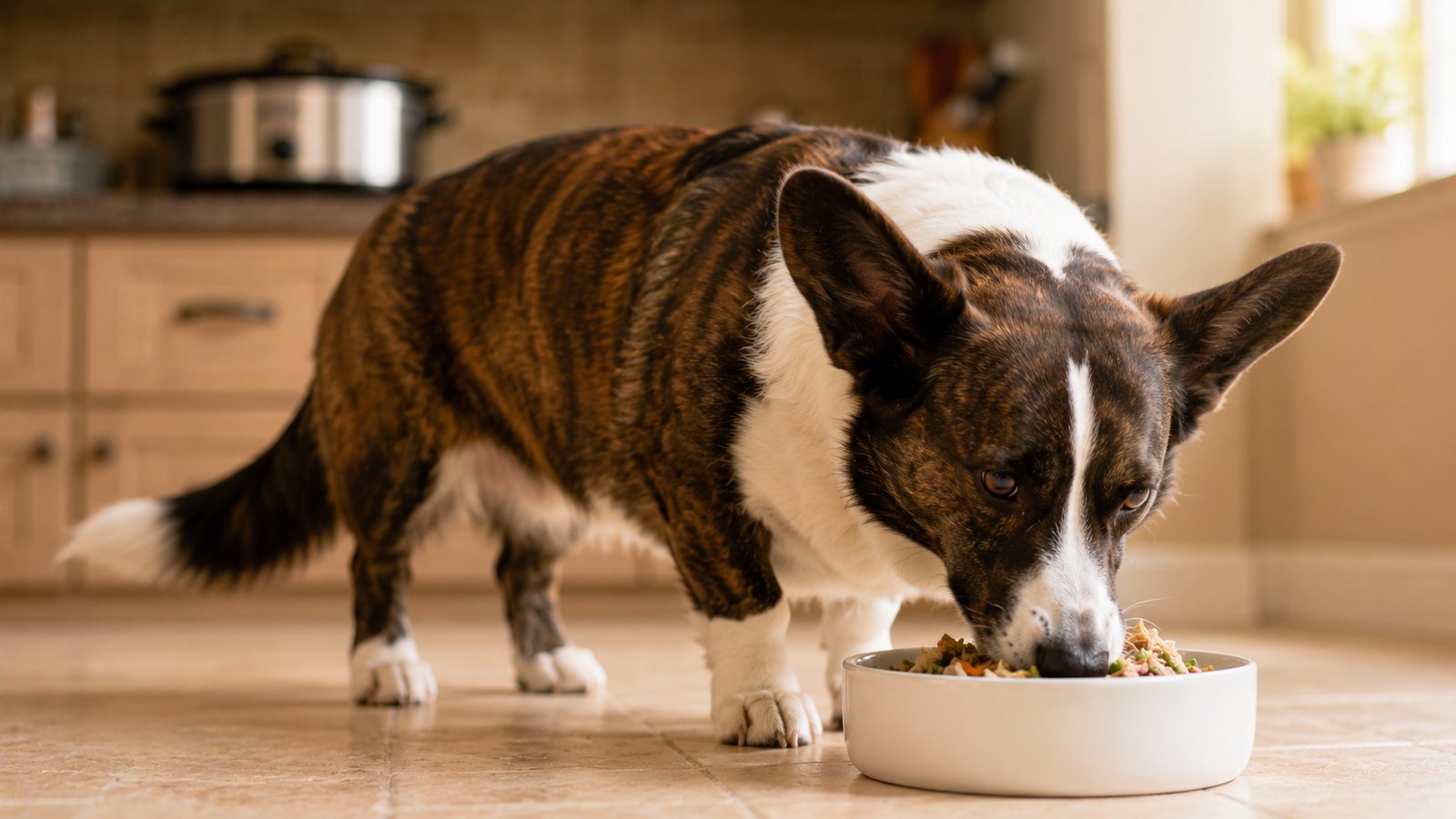 A corgi eating a bowl of homemade crockpot dog food