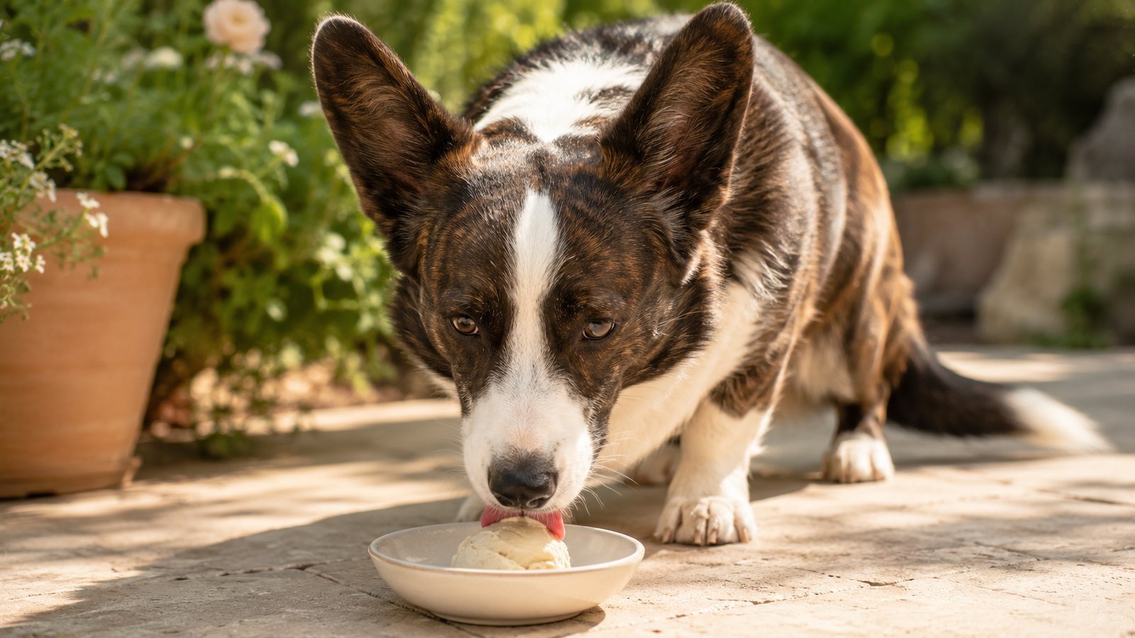 A corgi licking homemade dog ice cream from a bowl on a sunny patio