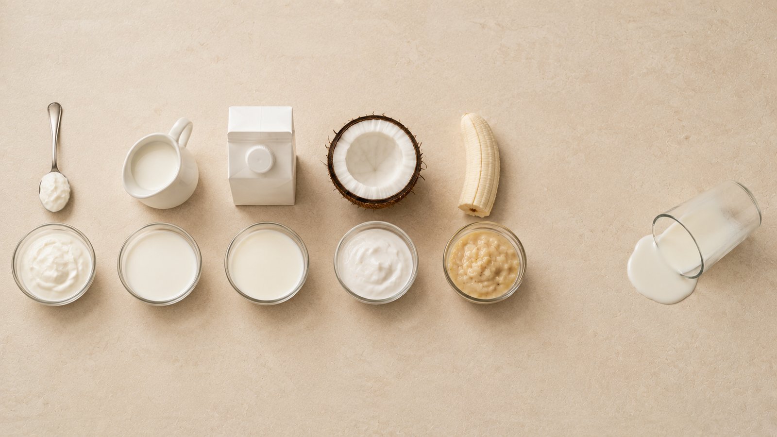 Five bases for dog ice cream - yogurt, kefir, goat milk, coconut milk and banana - and the cow's milk to avoid