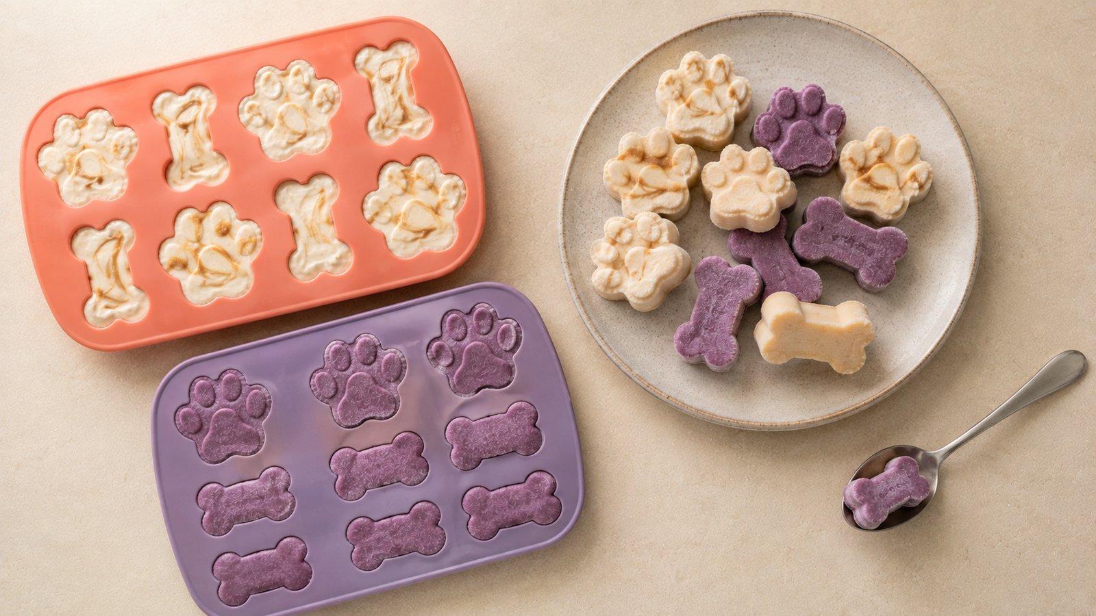Dog ice cream frozen in paw-shaped silicone molds - single-serving portions