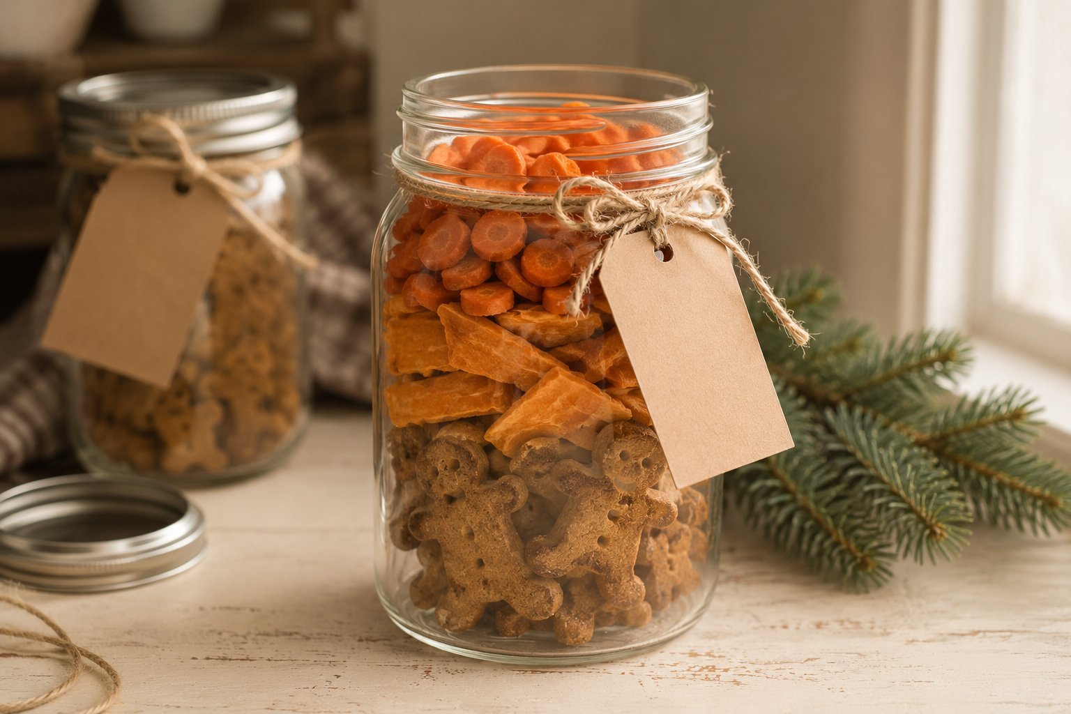 A layered jar of homemade dog treats tied with twine - a Christmas gift for another dog owner