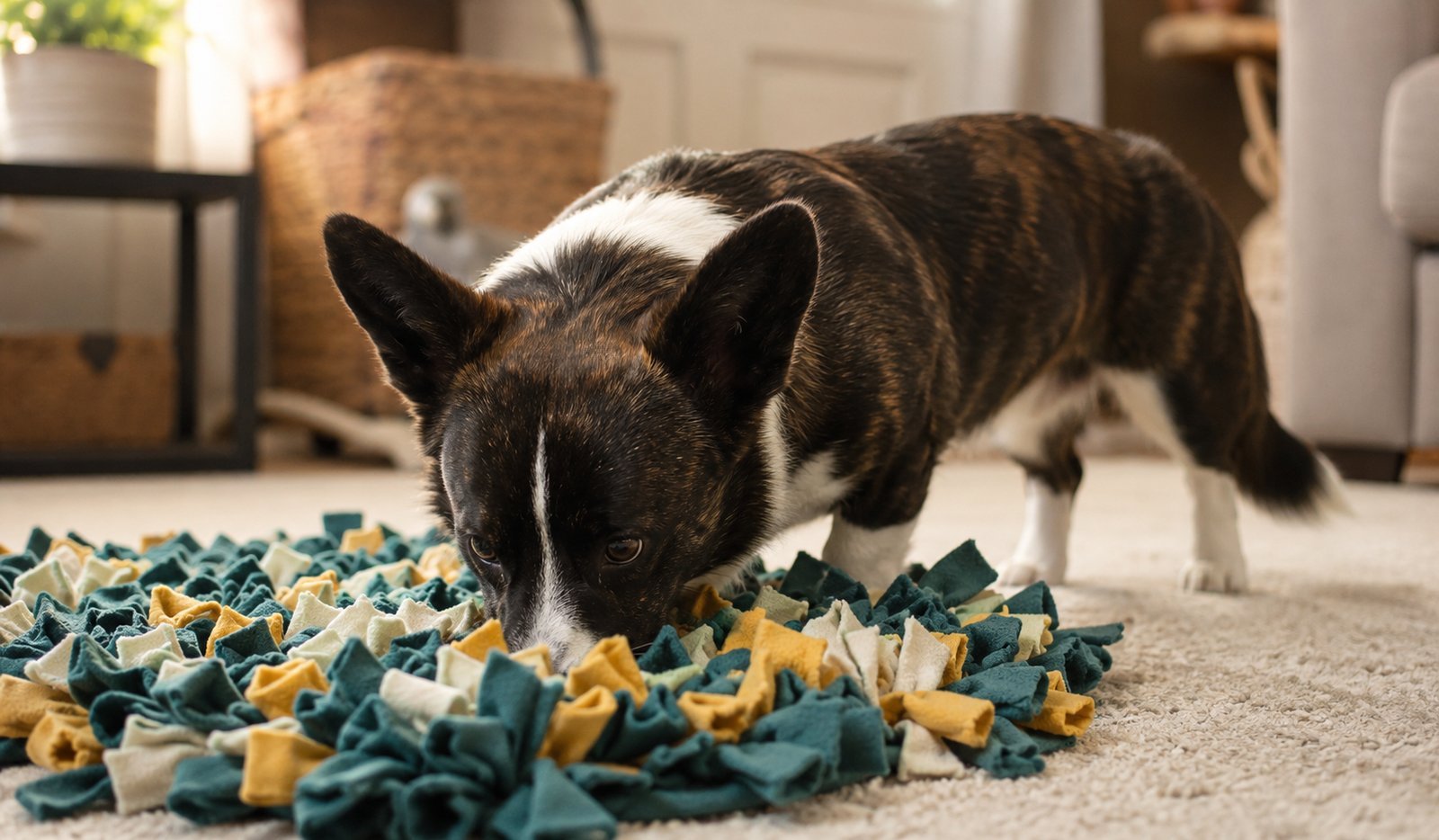 Corgi using a homemade snuffle mat, nose pushed into the fleece strips to find hidden kibble