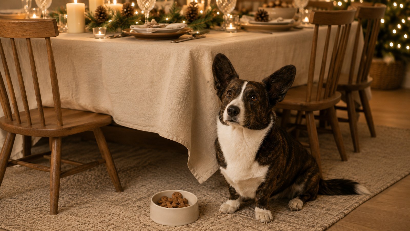 A corgi waiting beside the Christmas table with its own bowl of dog-safe Christmas treats
