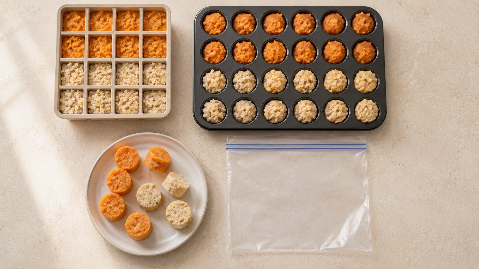 Homemade dog food frozen in single portions in an ice cube tray - the practical way to feed a small dog