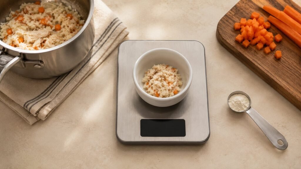 Homemade dog food for small dogs - a weighed portion of chicken, rice and carrot in a small bowl