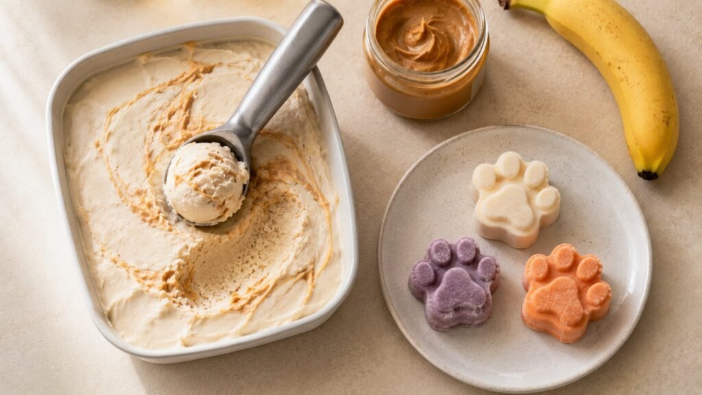 Homemade dog ice cream with a peanut butter swirl, scooped, with frozen paw-shaped treats beside it