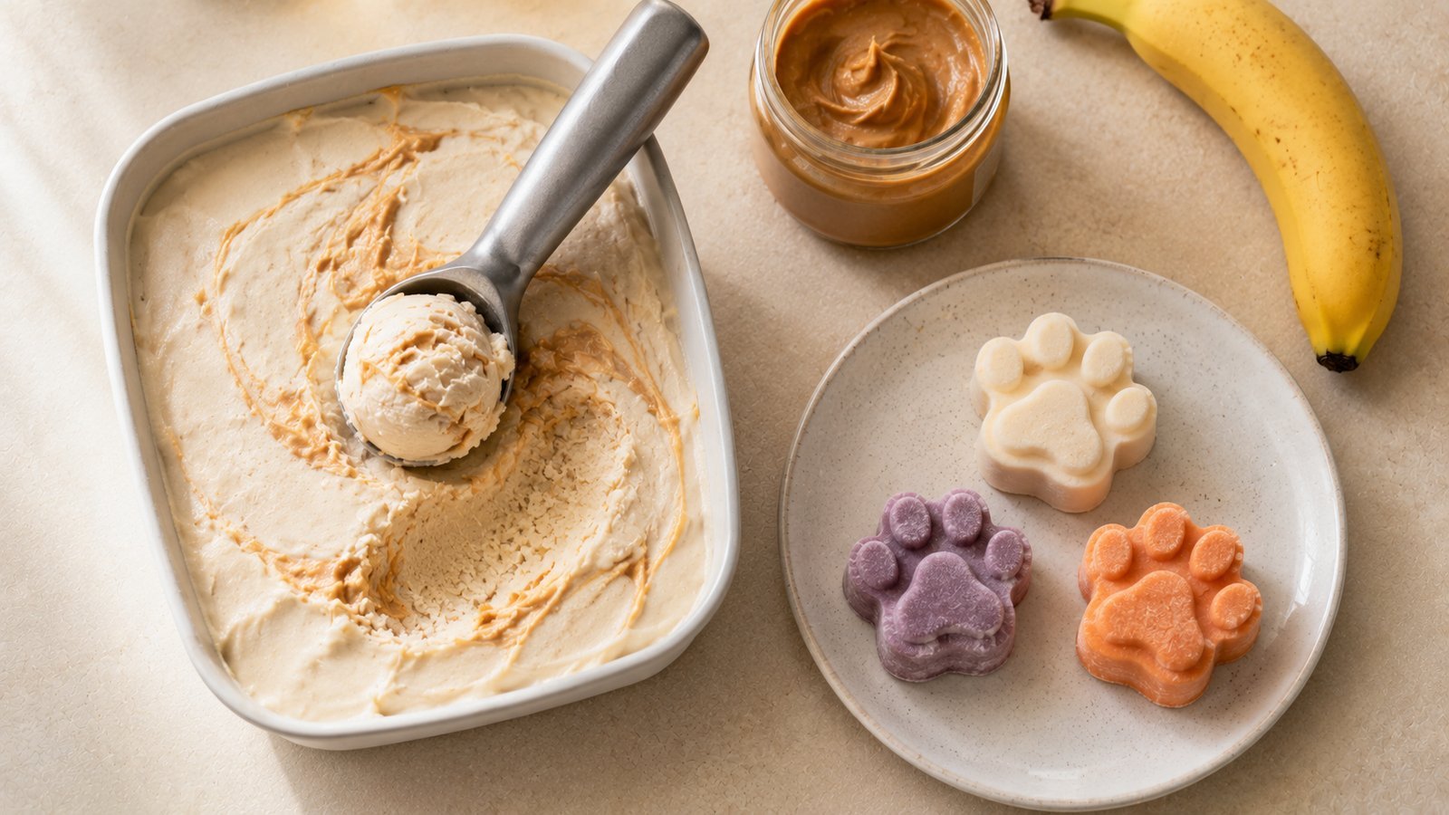 Homemade dog ice cream with a peanut butter swirl, scooped, with frozen paw-shaped treats beside it