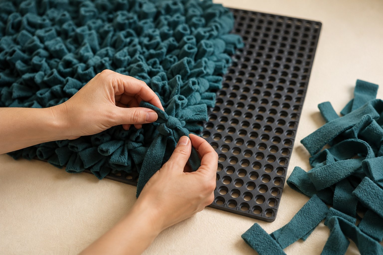 Tying fleece strips through a rubber mat to make a no-sew DIY snuffle mat, showing the knotting technique