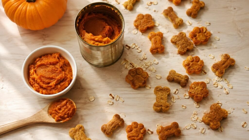 Homemade pumpkin dog treats in bone and paw shapes next to a bowl of plain pumpkin puree and rolled oats